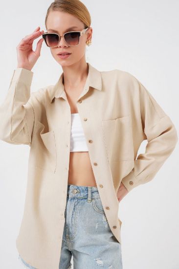 20126 Oversize Keten Gömlek - Bej resmi